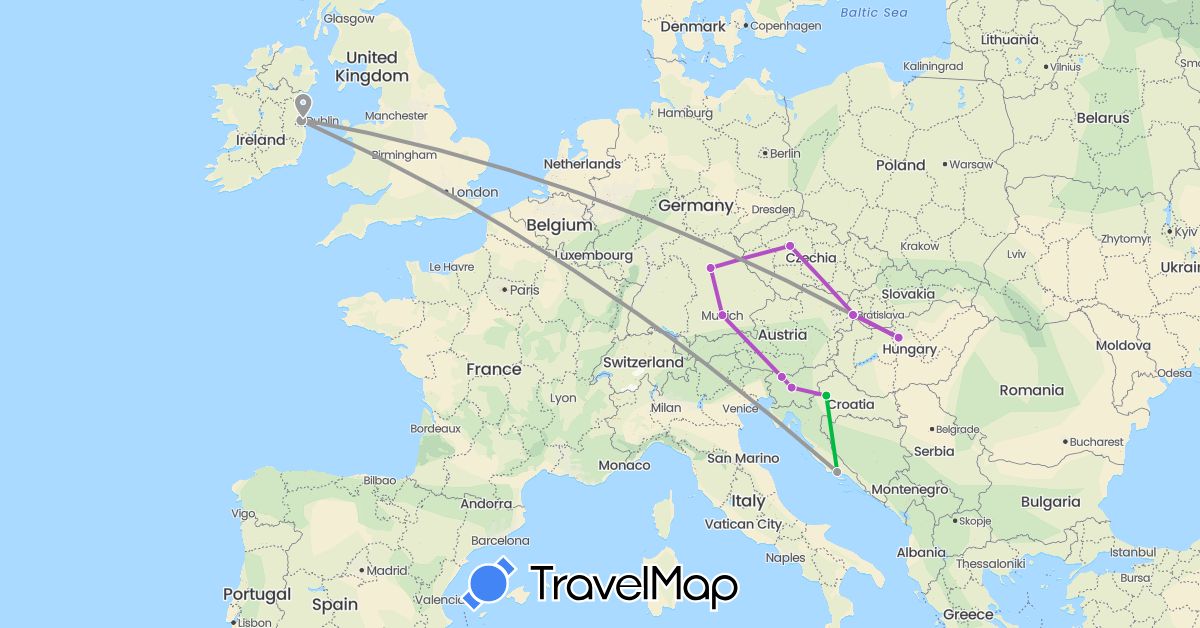 TravelMap itinerary: driving, bus, plane, train in Czech Republic, Germany, Croatia, Hungary, Ireland, Slovenia, Slovakia (Europe)